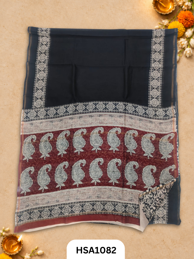 Pure Hand Block Printed Chanderi Silk Saree With Printed Blouse