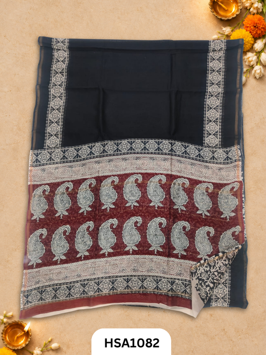 Pure Hand Block Printed Chanderi Silk Saree With Printed Blouse
