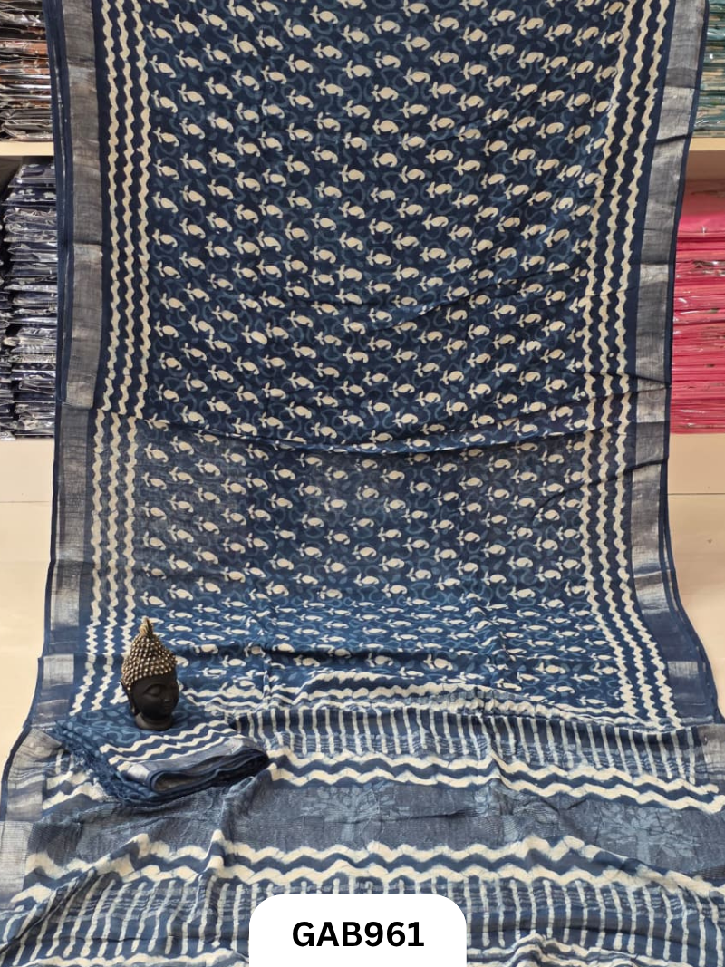 Bagru Handblock Print Linen Saree With Attached Blouse
