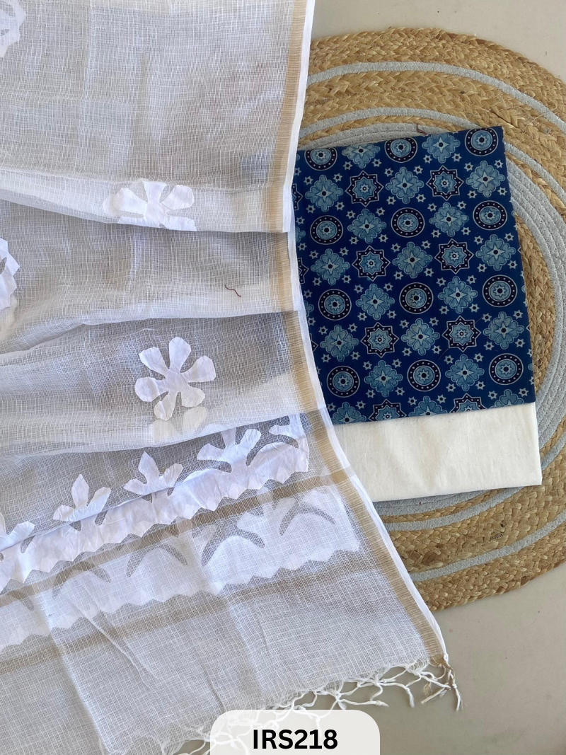 AJRAKH PRINTED TO WITH KOTA DORIA WITH HAND APLIQUE WORK DUPATTA SET