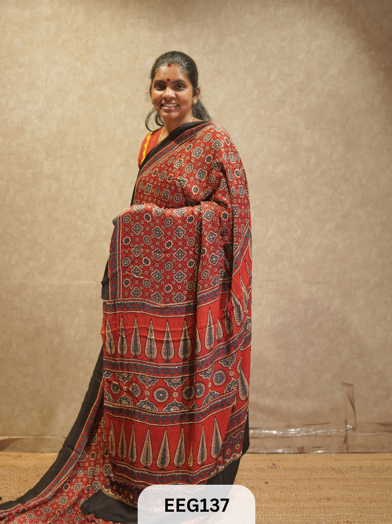 AJRAKH MODAL SAREE WITH KHATLI HANDWORK