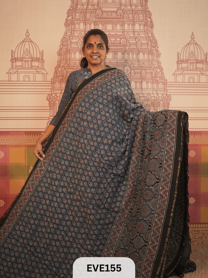 PURE CHANDERI SILK AJRAKH HANDBLOCK SAREE