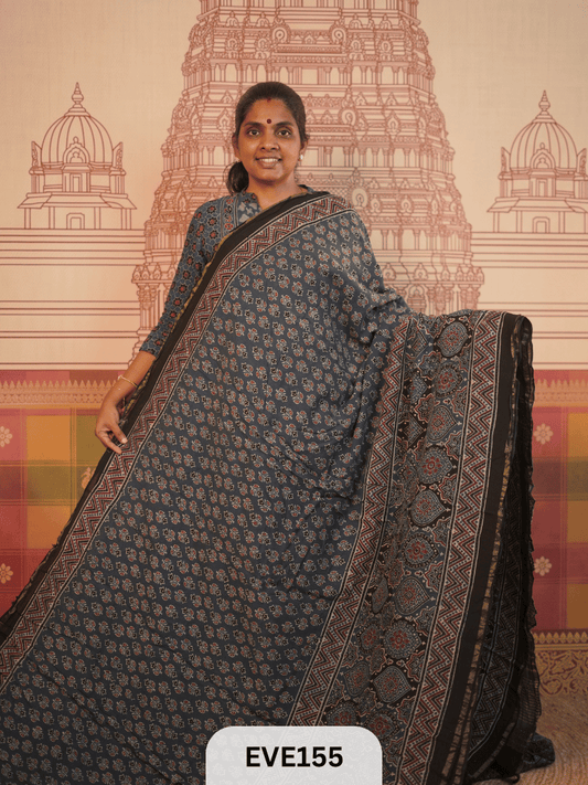 PURE CHANDERI SILK AJRAKH HANDBLOCK SAREE