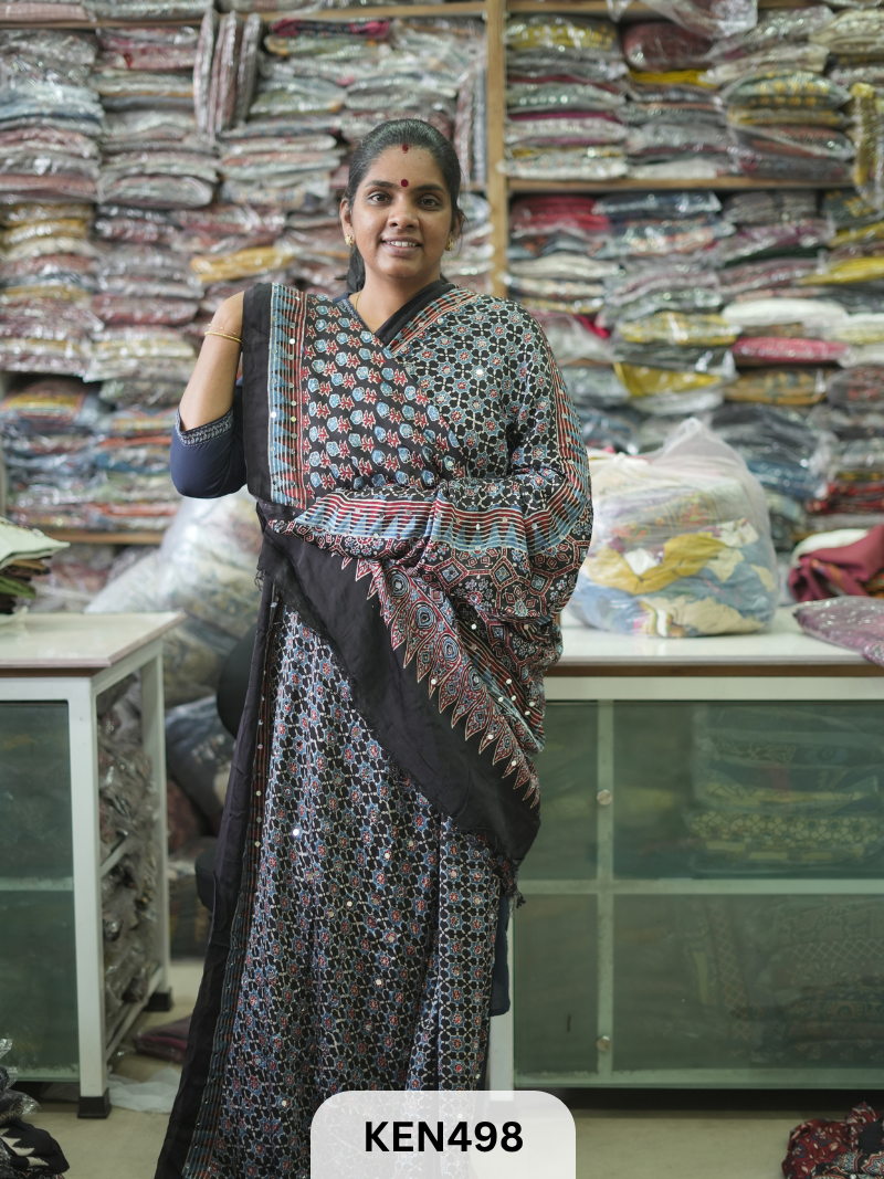 MODAL NATURAL AJRAKH HANDBLOCK SAREE WITH GLUE MIRROR