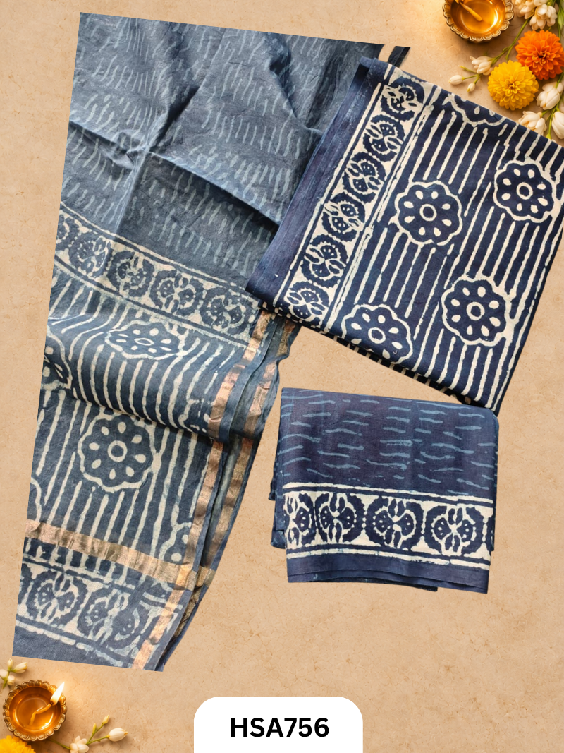 HandBlock Printed Chanderi Silk Dupatta With Cotton Suits -Top 2.5M Duptta 2.5M
