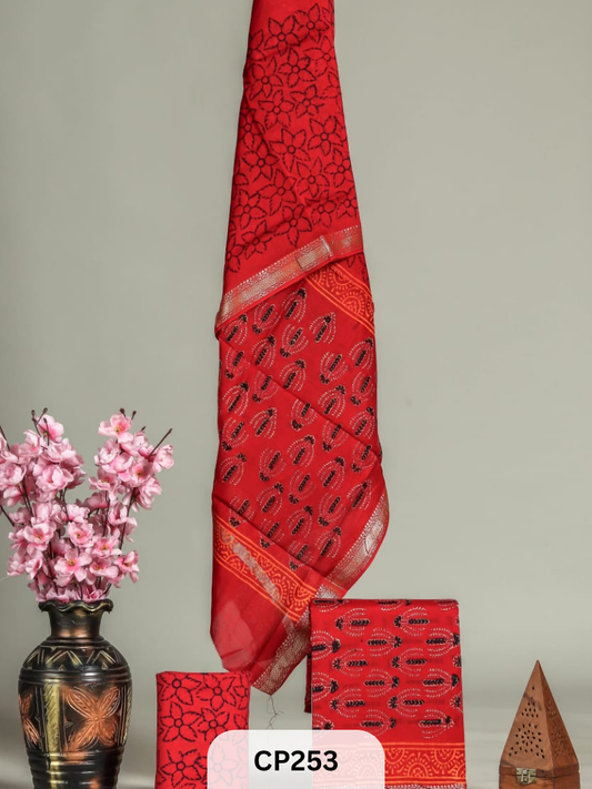 Hand Block printed Maheshwari silk Suit