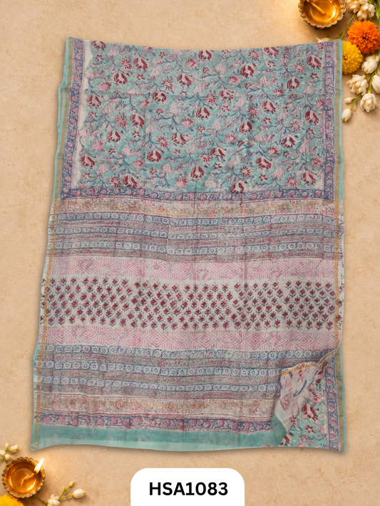 Pure Hand Block Printed Chanderi Silk Saree With Printed Blouse