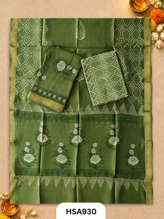 HandBlock Printed Maheshwari Silk Zari Border Top & dupttas 2.5 Mtrs | Bottom cotton 2.50 mtrs