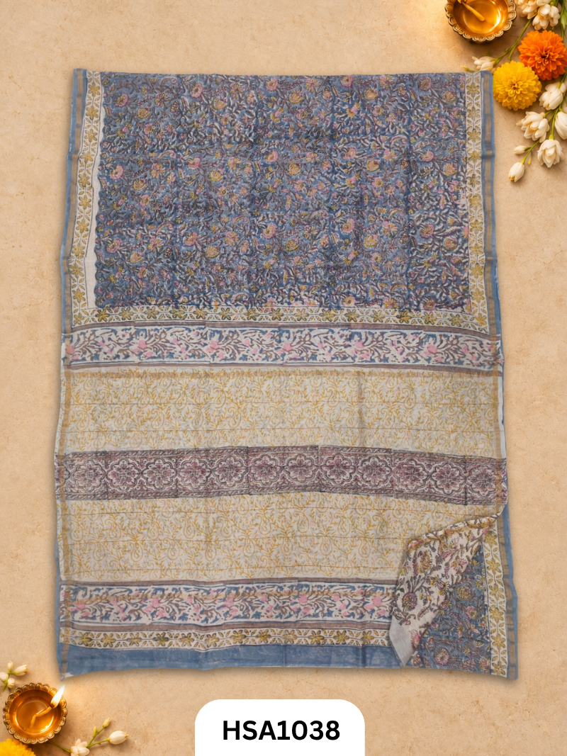 Pure Hand Block Printed Chanderi Silk Saree With Printed Blouse