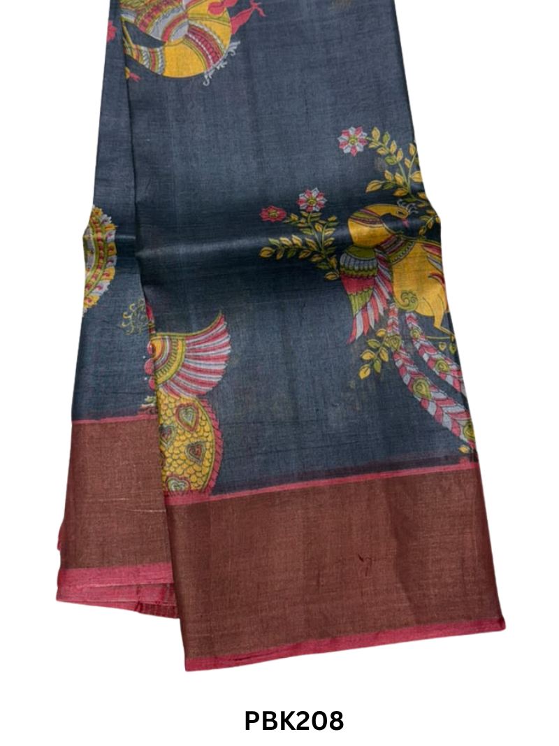 Premium Pure Tussar Silk Handblock Print Saree – Kolkata Special