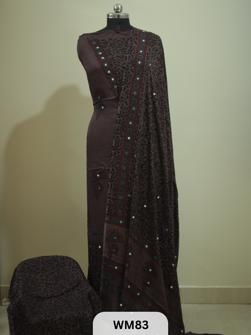 MODAL AJRAKH WITH GLUED MIRROR SALWAR SUIT - 3PCS