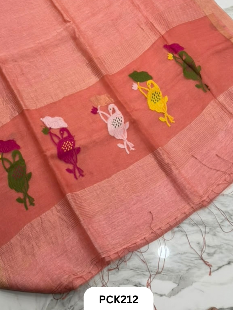 Pure Handloom Linen Silk Saree with Jamdani Weave