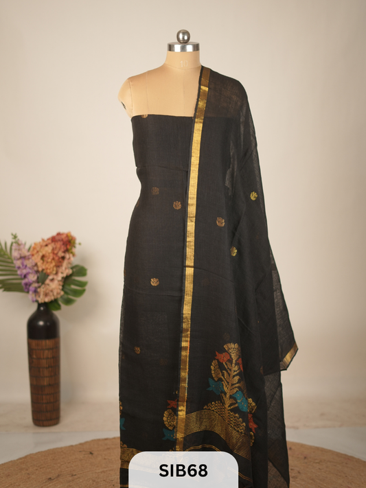 FUSION PURE LINEN INTO KANCHIPURAM SALWAR SUIT - HANDLOOM