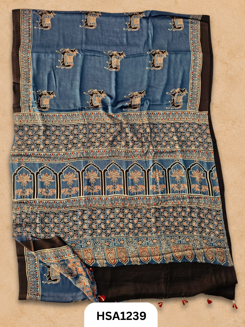Natural Dye Vegetable Hand Block Print Ajrakh Print Pure Modal Silk Saree