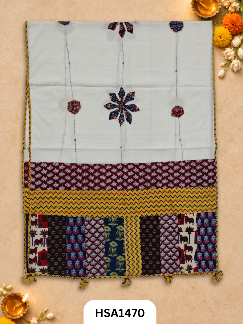 Hand Block Barmeri Ajrakh Print Patch Work Duppata Length 2.50 meter