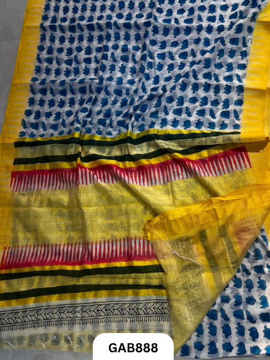 Temple Zari Border Hand Block Printed Katan Cotton Silk Saree With Running Blouse