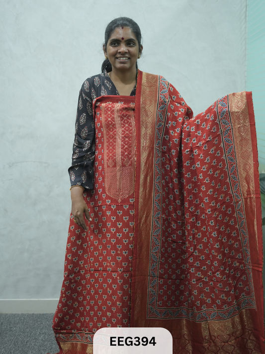 AJRAKH DOLA SILK 2 PCS-UNSTITCHED ( TOP 3.5MTR AND DUPPATA 2.25MTR ) - IMMEDIEATE DISPATCH