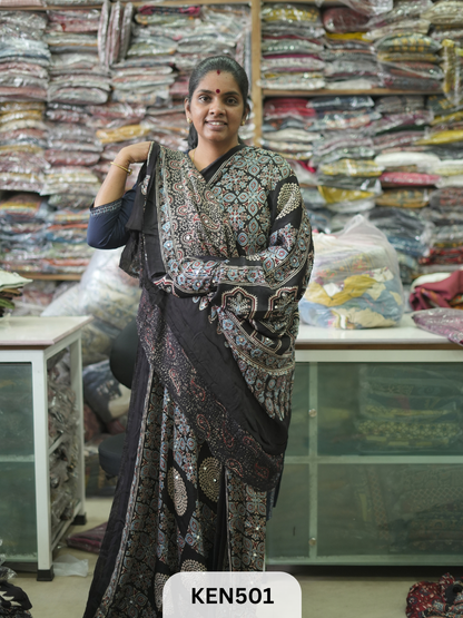 MODAL NATURAL AJRAKH HANDBLOCK SAREE WITH GLUE MIRROR