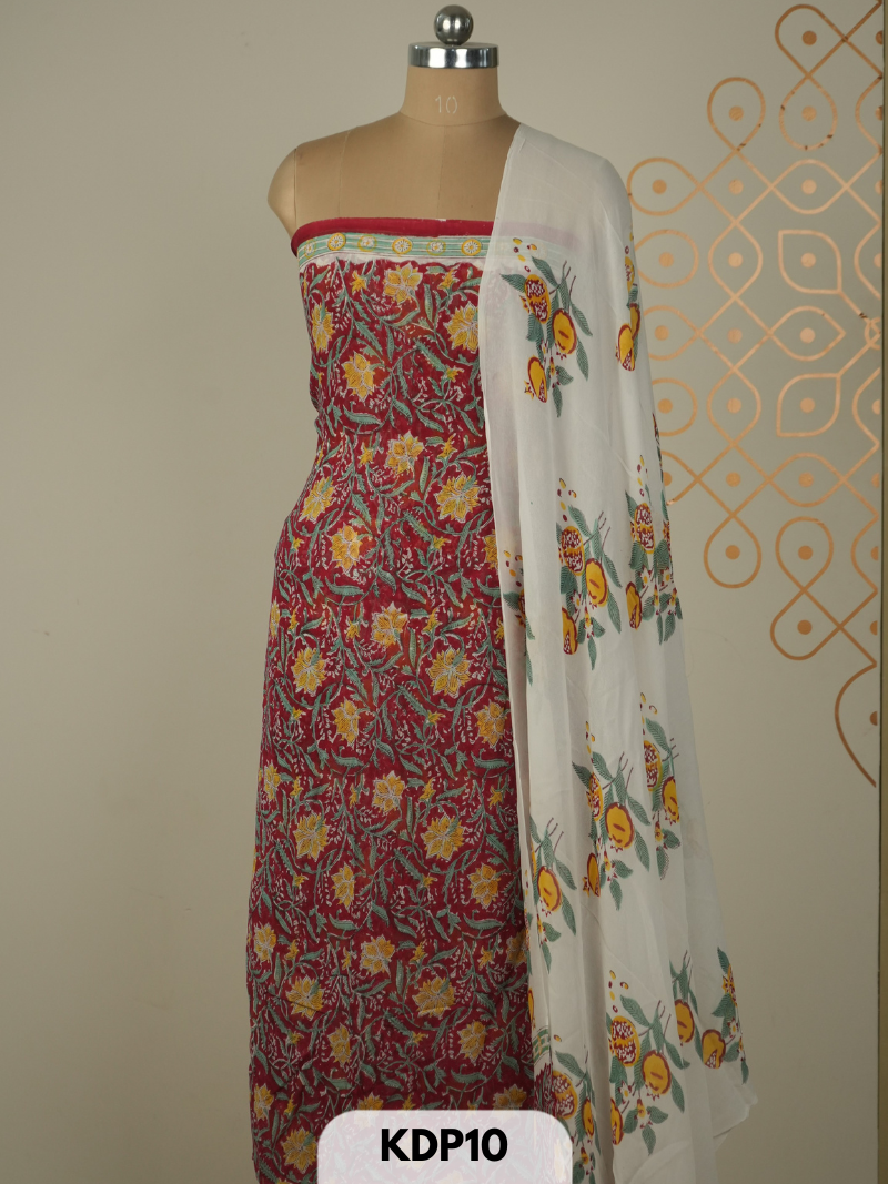 Chiffon double dimention handblock print 3 pcs salwar set