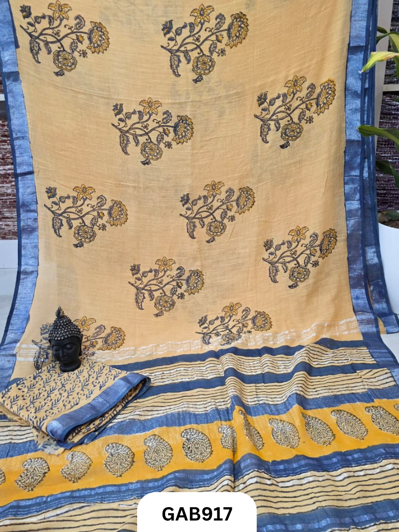 Bagru Handblock Print Linen Saree With Attached Blouse