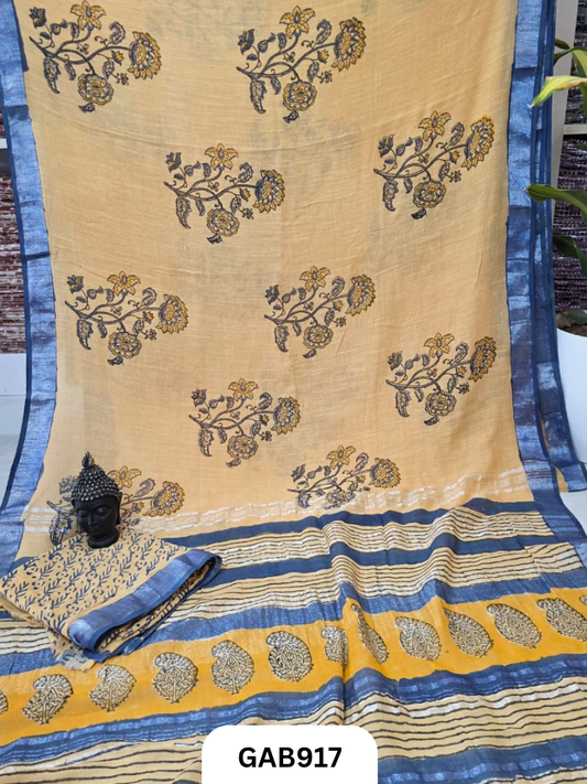 Bagru Handblock Print Linen Saree With Attached Blouse