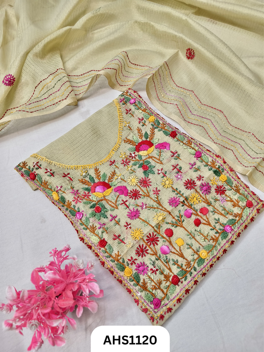 Tissue Kota Doria With Hand Fullkari Work Salwar Suit - Top & Duppatta 2.5mtr