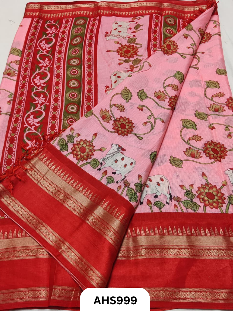 Heavy Kota Doria Saree With Beautiful Pichwai Print & Bentex Woven Border
