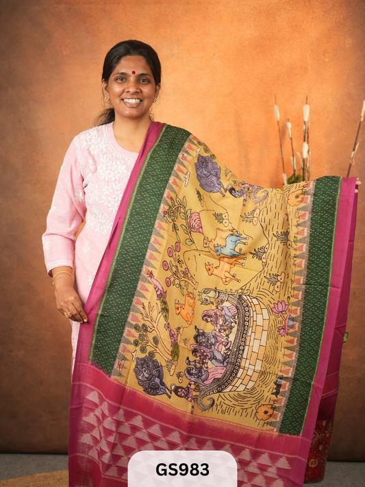 Ikkat Pochampalli dupatta with Penkalamkari
