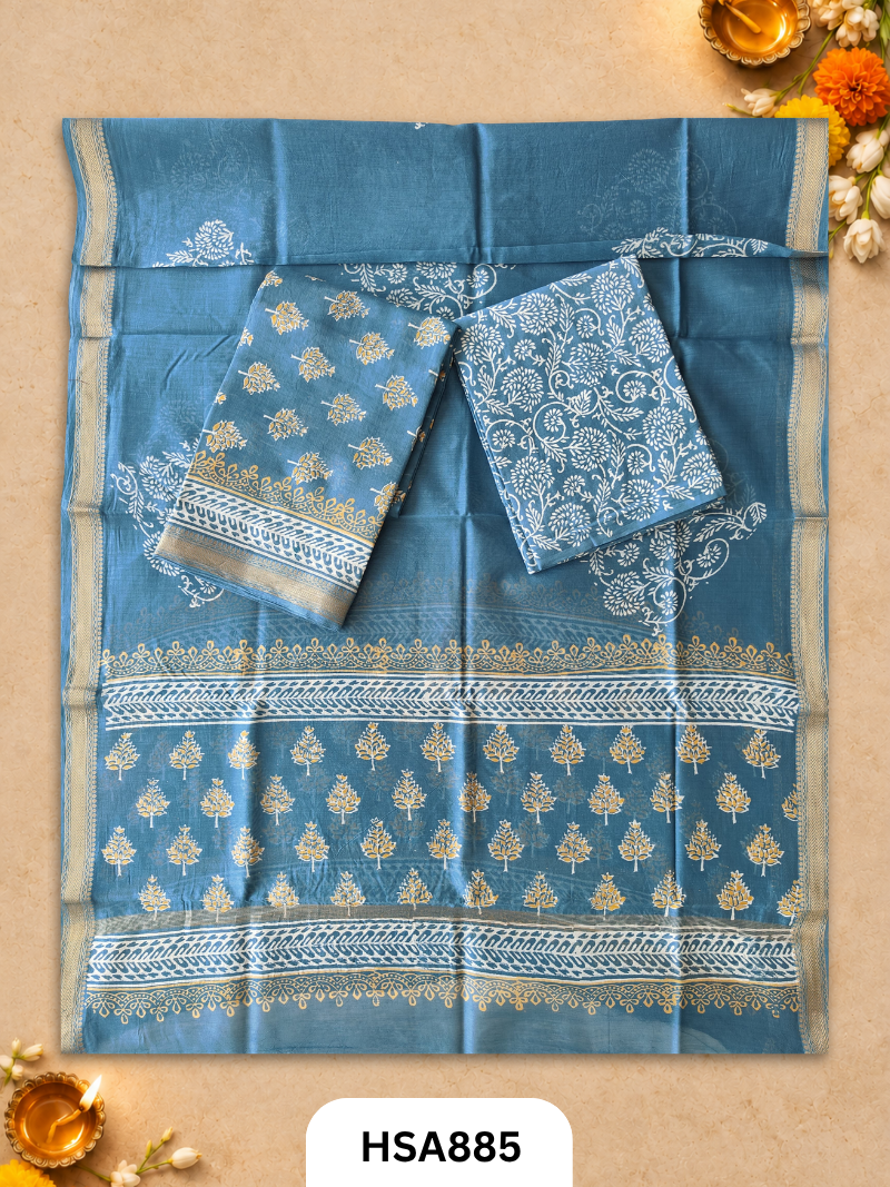HandBlock Printed Maheshwari Silk Zari Border Top & dupttas 2.5 Mtrs | Bottom cotton 2.50 mtrs