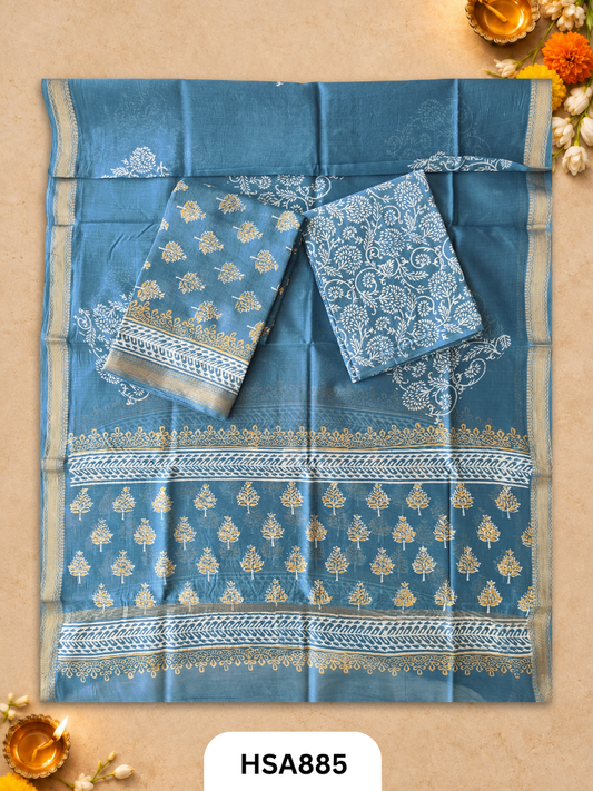 HandBlock Printed Maheshwari Silk Zari Border Top & dupttas 2.5 Mtrs | Bottom cotton 2.50 mtrs