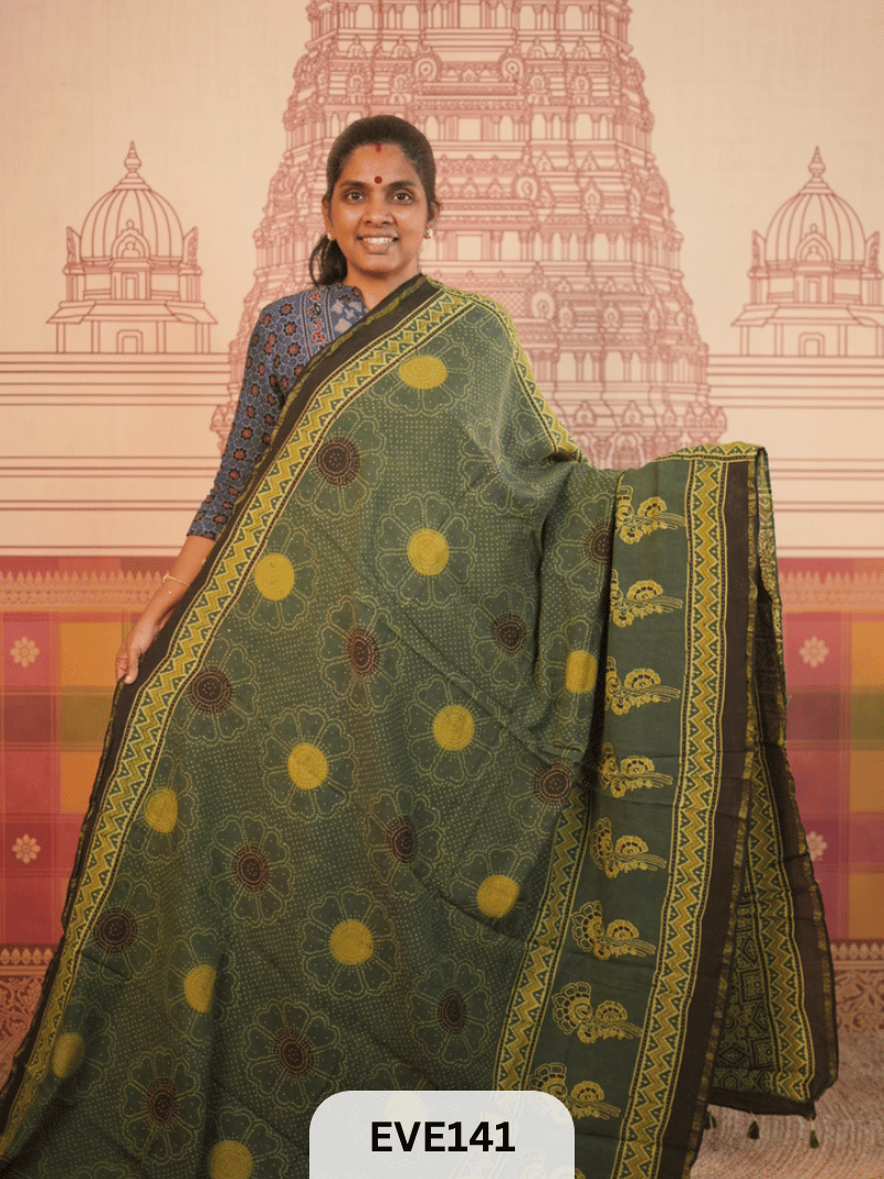 PURE CHANDERI SILK AJRAKH HANDBLOCK SAREE
