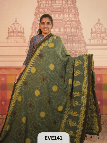 PURE CHANDERI SILK AJRAKH HANDBLOCK SAREE