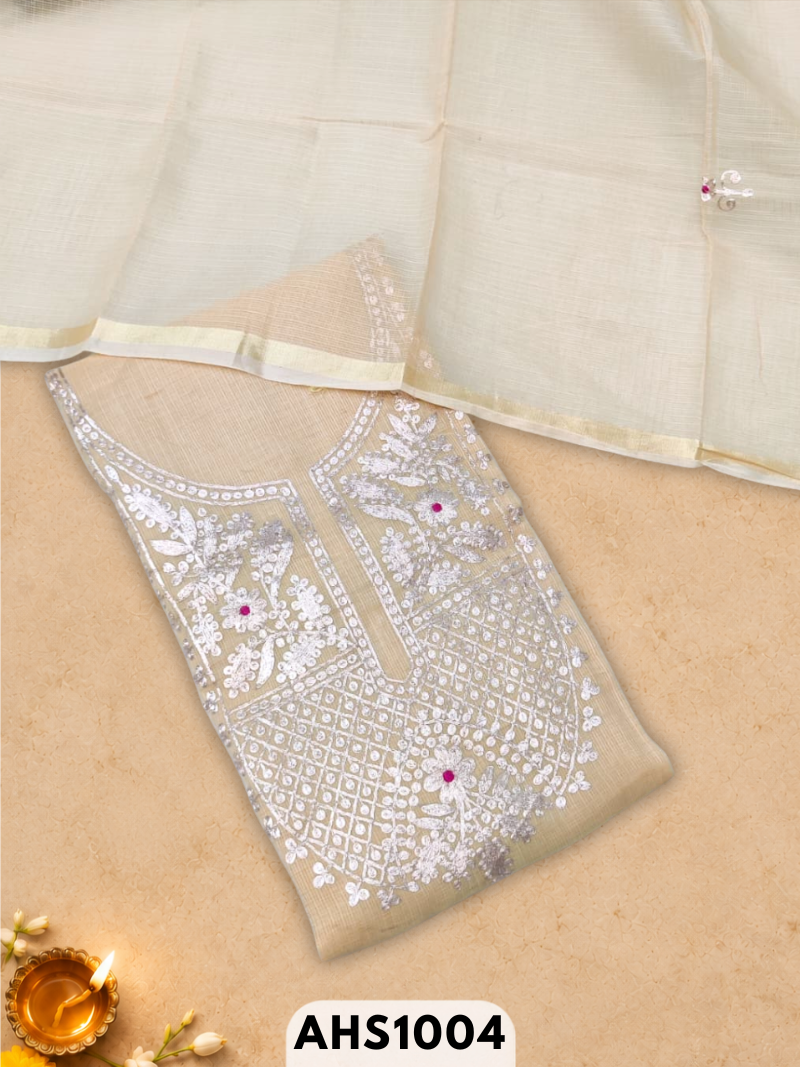 Kota Doria Pitta Work Salwar Suit - Top & Dupatta 2.5mtr