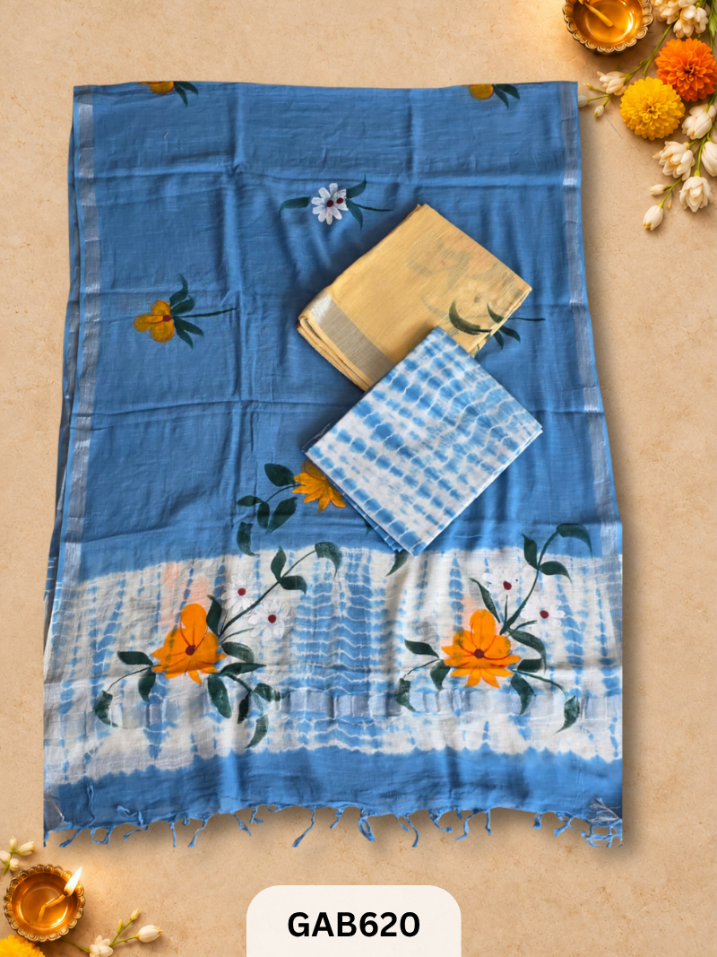 Bagru Hand Block Printed Linen Suits With Zari Border