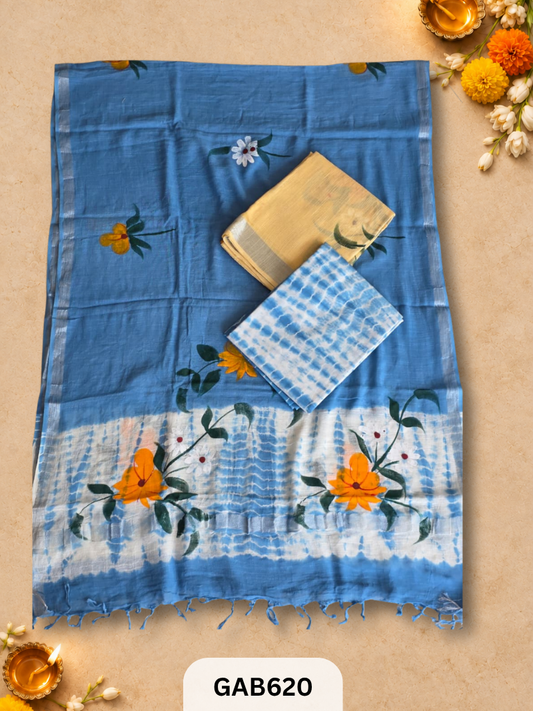 Bagru Hand Block Printed Linen Suits With Zari Border