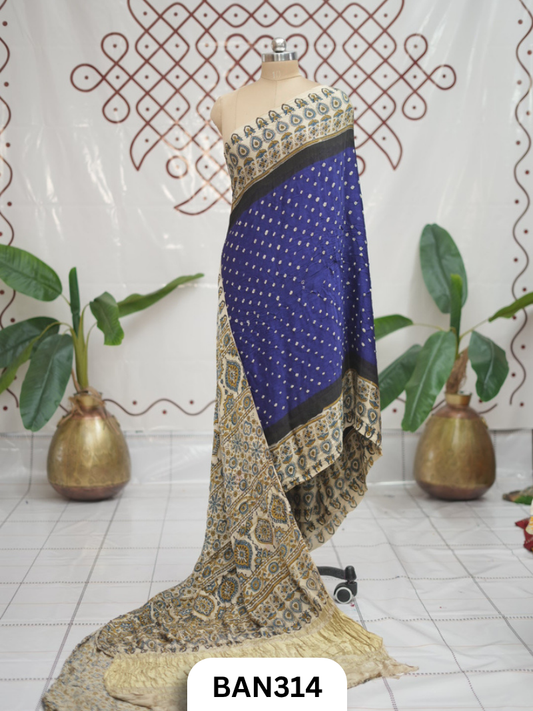 Modal Ajrakh With Bandhini Ladgi Patta Saree