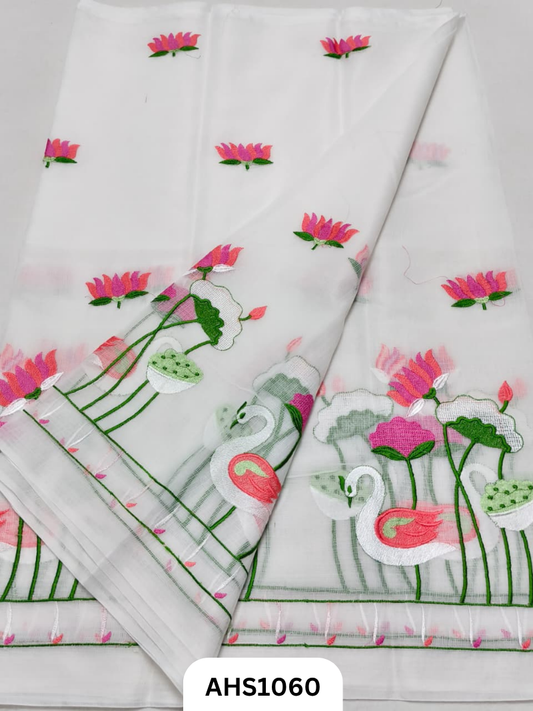 Kota Cotton Lotus & Swan Embroidery  Work Saree with Blouse