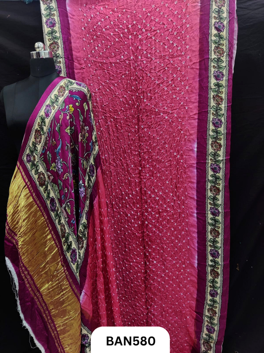 Semi Gaji ts kalamkari digital print pallu, blouse and border with bandhej saree