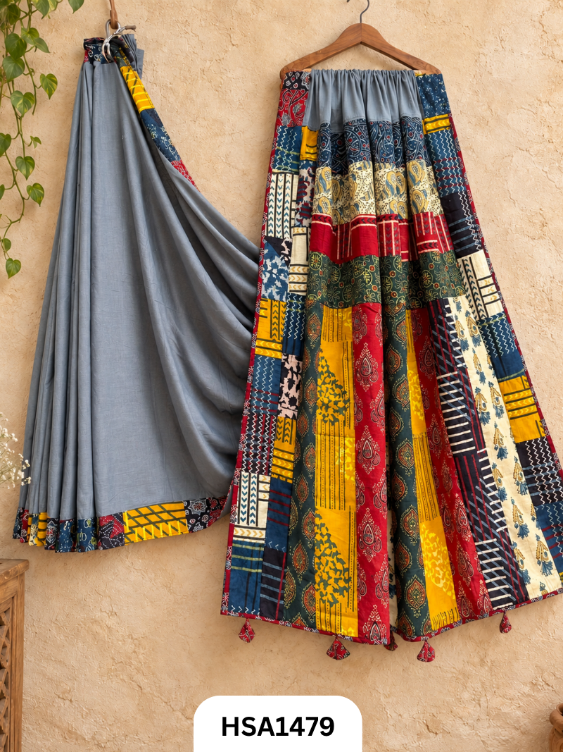Pure Mul Cotton Ajrakh Patch Work Saree