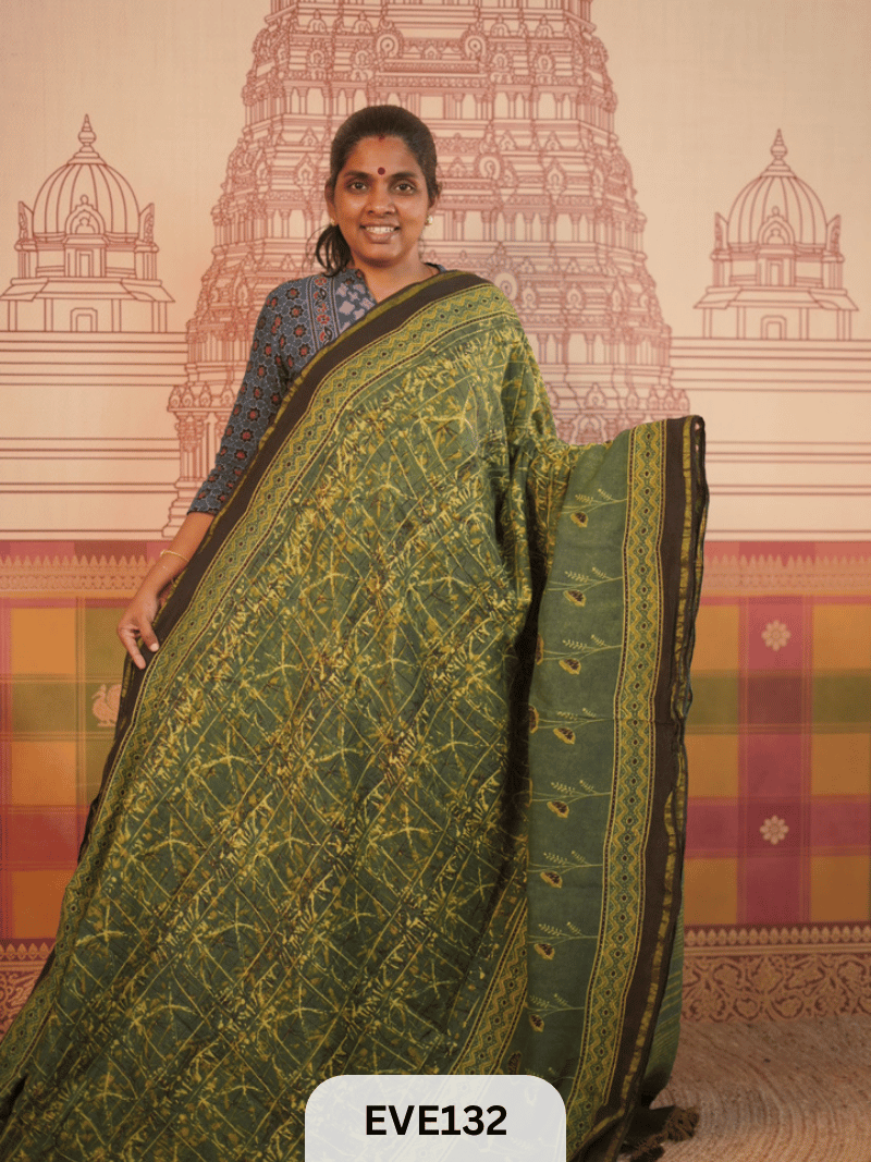 PURE CHANDERI SILK AJRAKH HANDBLOCK SAREE