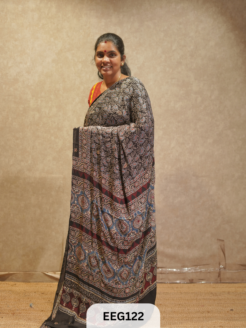 AJRAKH MODAL SAREE WITH KHATLI HANDWORK