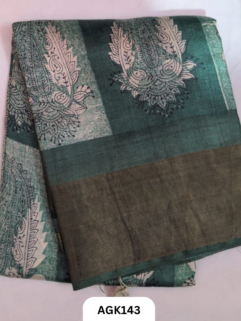 PREMIUM QUALITY  ZARI BORDER TUSSAR HAND BLOCK PRINTING WORK  WITH BLOUSE PIECE  SILK MARK CERTIFIED