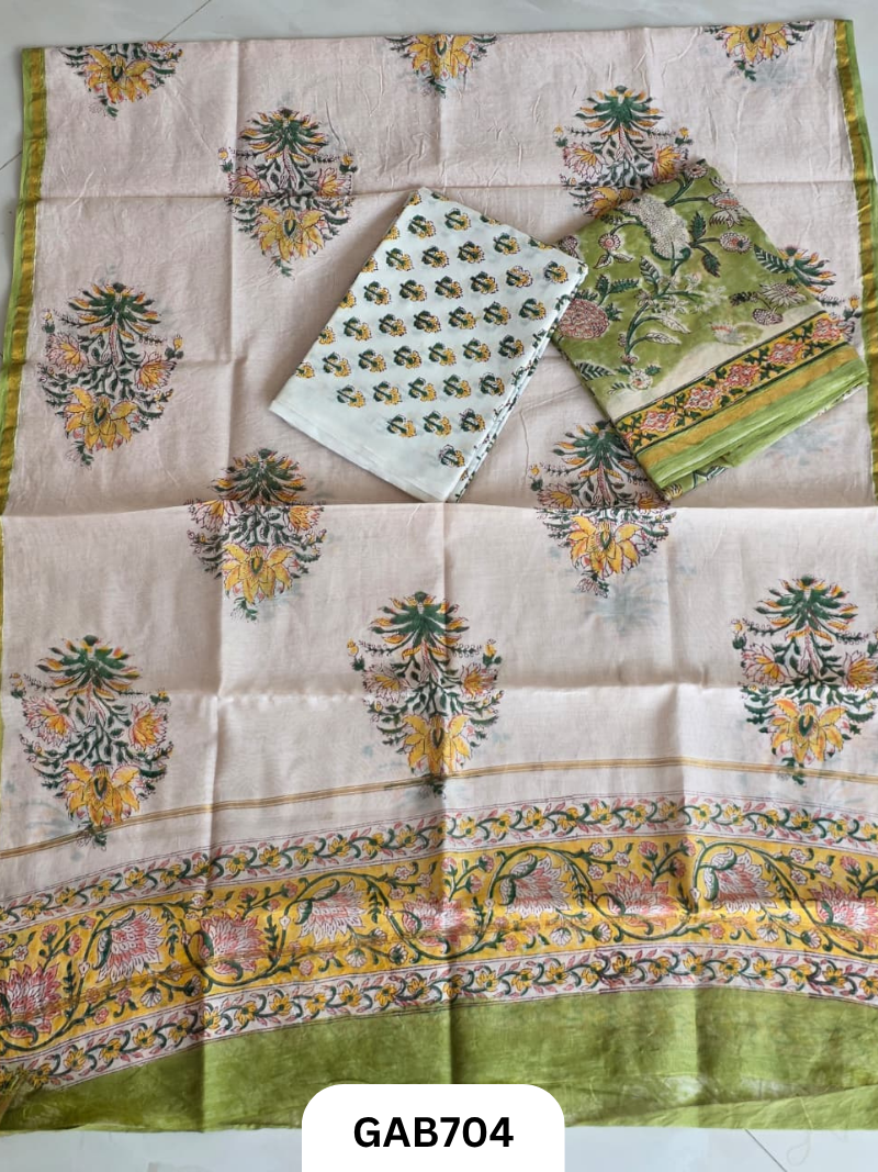Hand Block Chanderi Silk Dress Materials Top 2.5 Mtrs Duptta 2.5 Mtrs