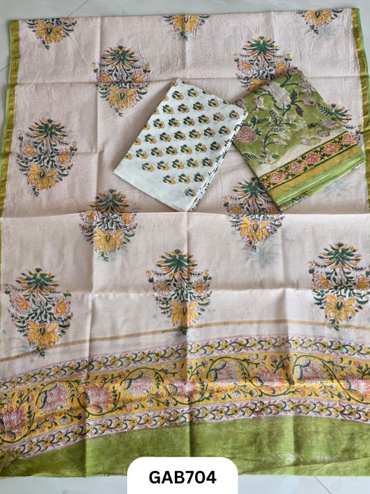 Hand Block Chanderi Silk Dress Materials Top 2.5 Mtrs Duptta 2.5 Mtrs