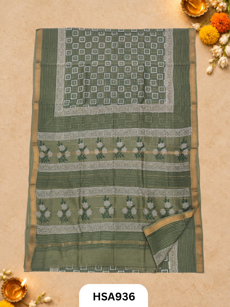Pure Maheswari Silk Cotton - Handblock Print Saree With Blouse