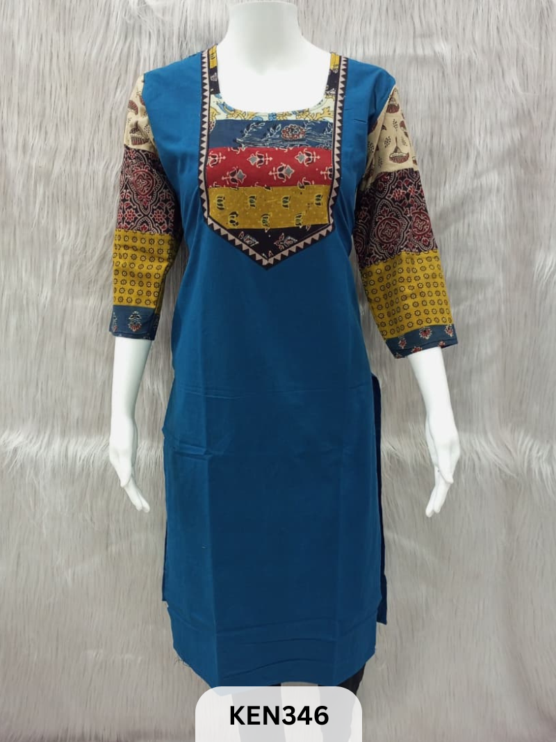 COTTON PLAIN KURTI WITH AJRAKH PATCHWORK YOKE WITH POCKET