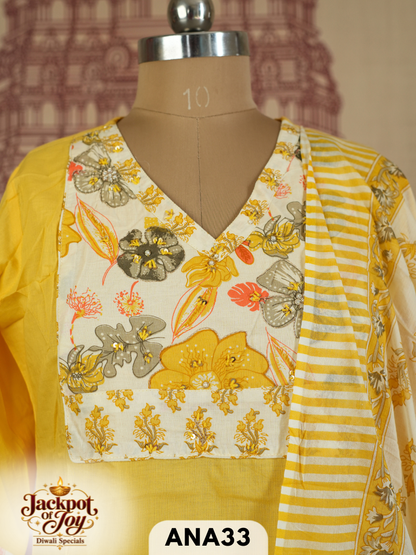 pure mulcotton sangner handblock stitched 3 pcs suit