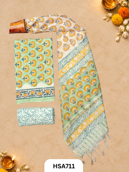 HandBlock Printed Chanderi Silk Dupatta With Cotton Suits -Top 2.5M Duptta 2.5M