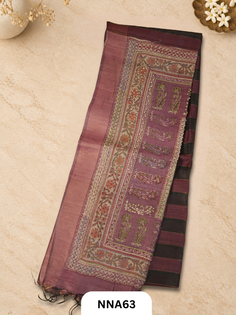 Handloom Pure Tussar Silk - Bullion With Kantha Stitch Saree