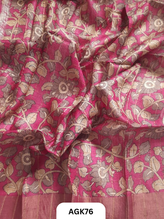 Premium Check Tussar Blouse Piece with Kalamkari Print – 80 CM
